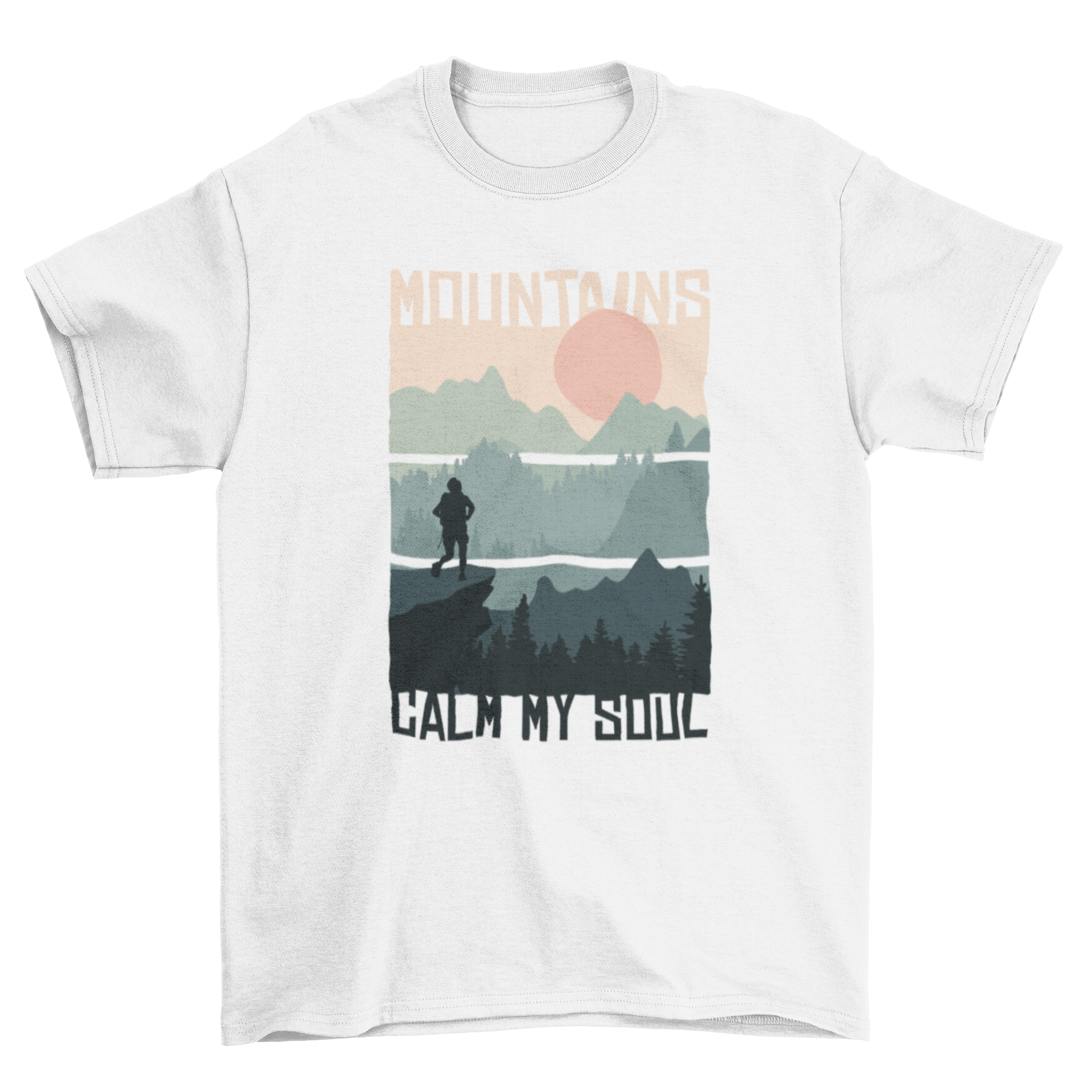 A beautiful t-shirt featuring a serene mountain landscape with the phrase 'Mountains calm my soul' printed on it.