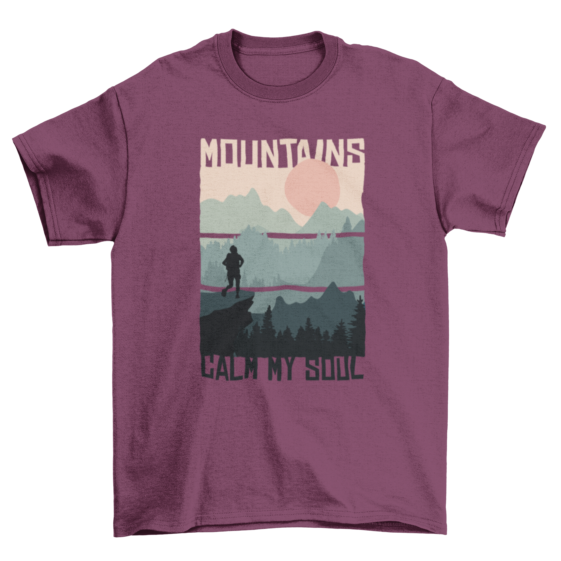 A beautiful t-shirt featuring a serene mountain landscape with the phrase 'Mountains calm my soul' printed on it.