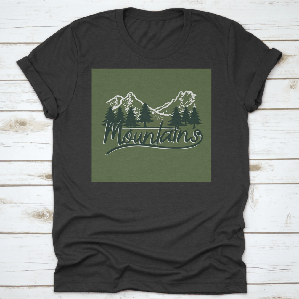 A stylish cotton t-shirt featuring a graphic design of mountains and trees, perfect for winter outdoor activities.