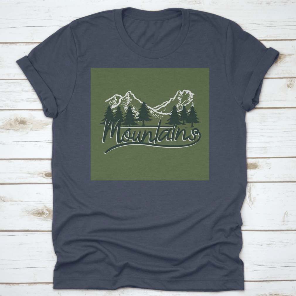 A stylish cotton t-shirt featuring a graphic design of mountains and trees, perfect for winter outdoor activities.