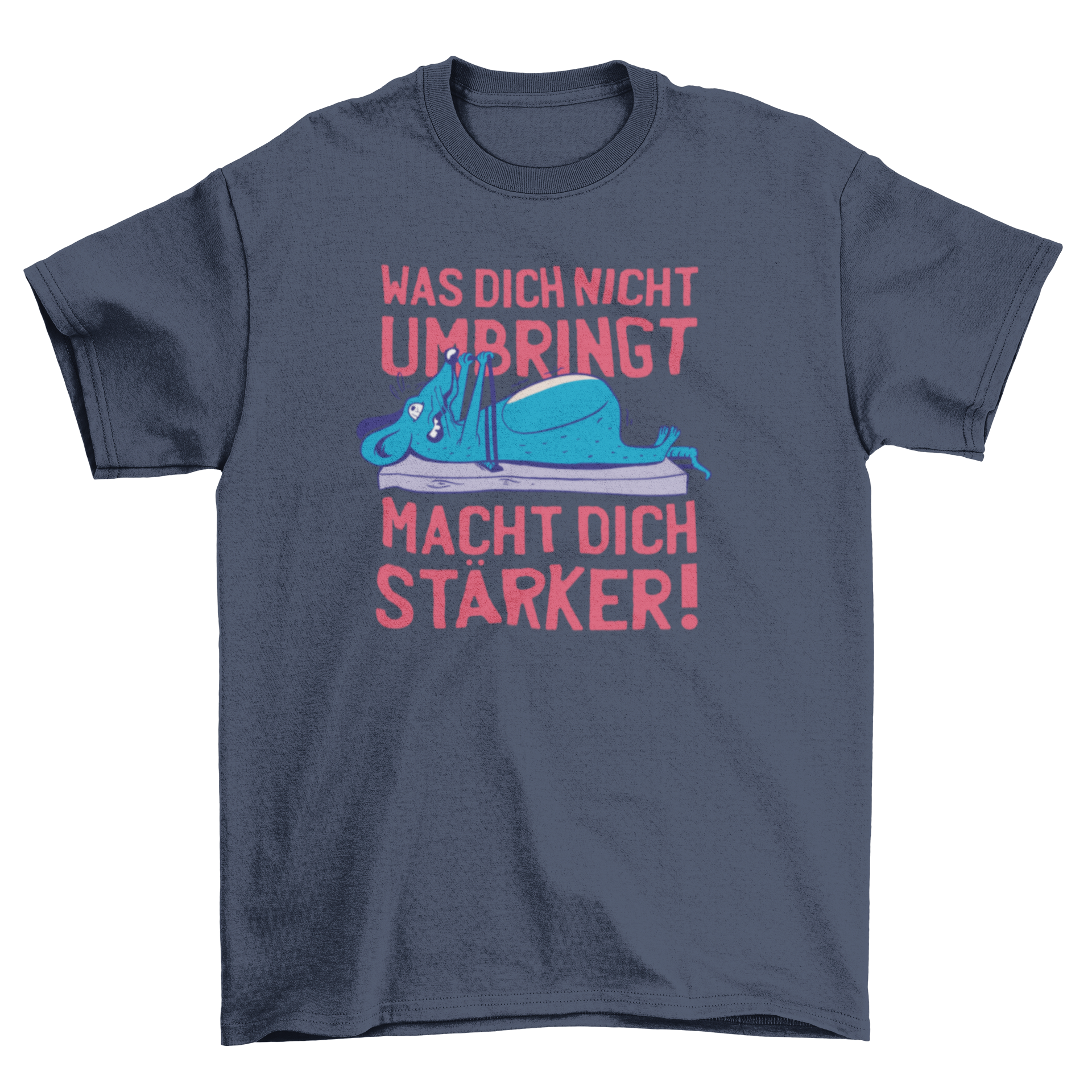 A humorous T-shirt featuring a mouse working out with a mouse trap and a motivational German quote.