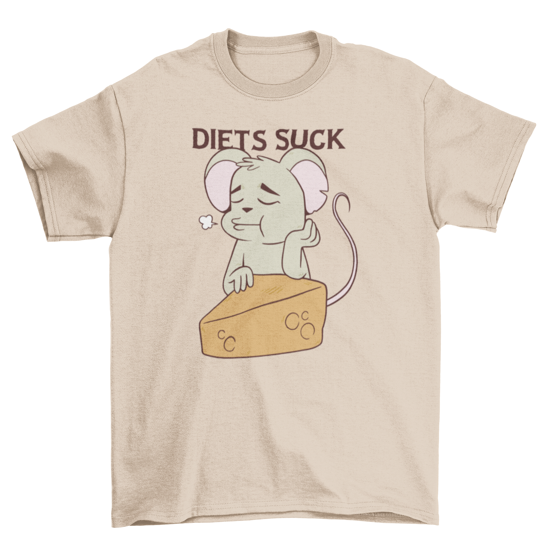 A humorous t-shirt featuring a sad cartoon mouse in front of a cheese with the quote 'Diets suck'.
