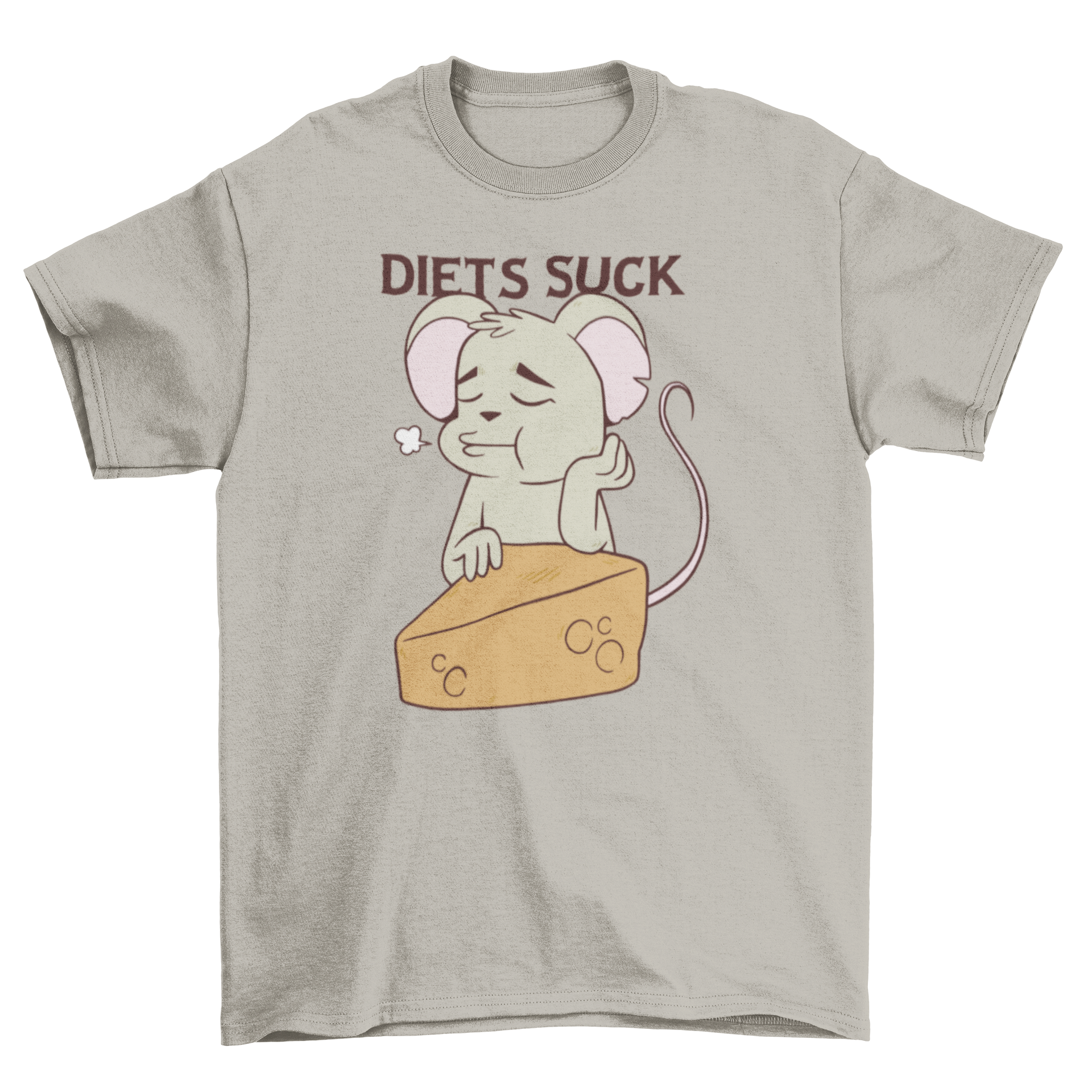 A humorous t-shirt featuring a sad cartoon mouse in front of a cheese with the quote 'Diets suck'.