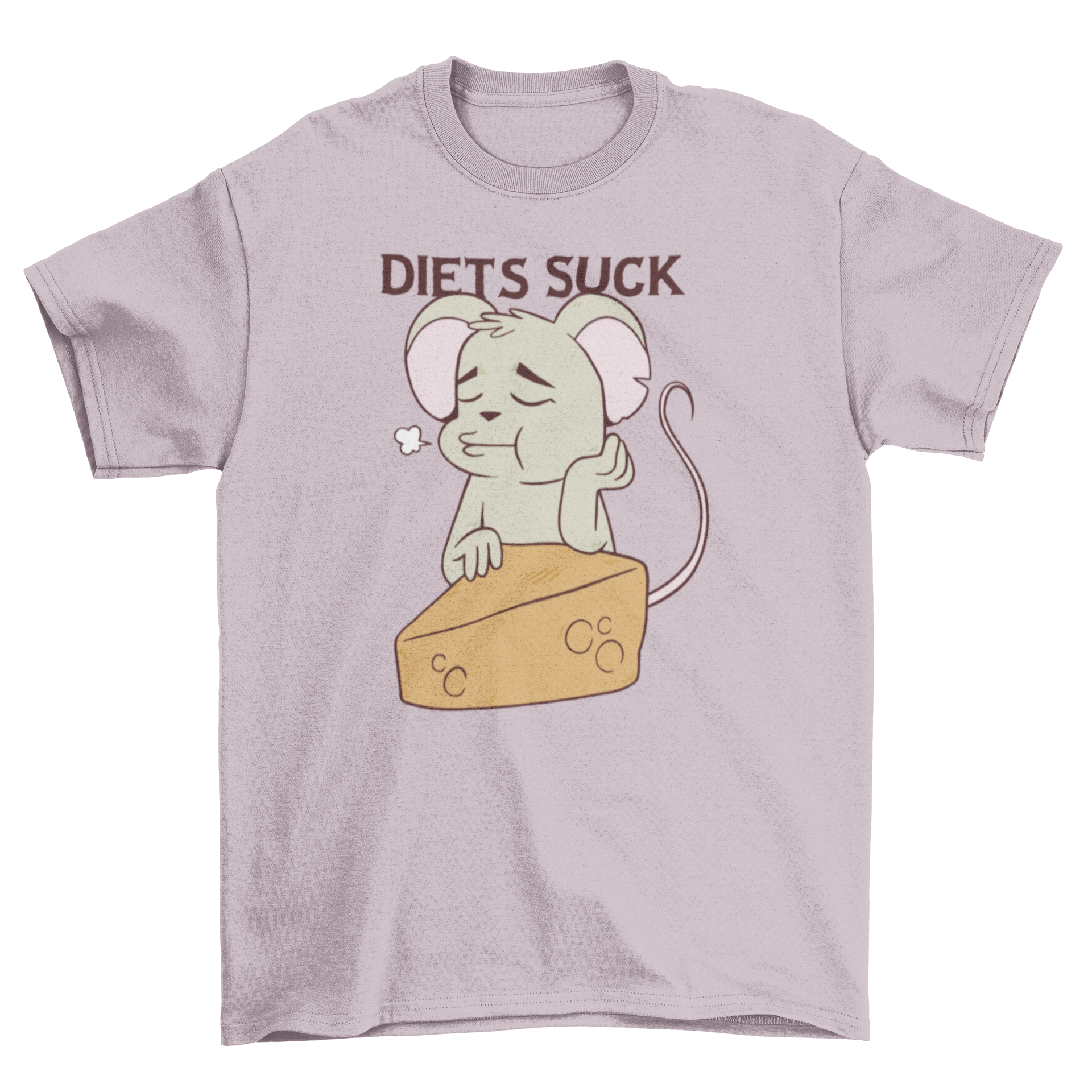 A humorous t-shirt featuring a sad cartoon mouse in front of a cheese with the quote 'Diets suck'.