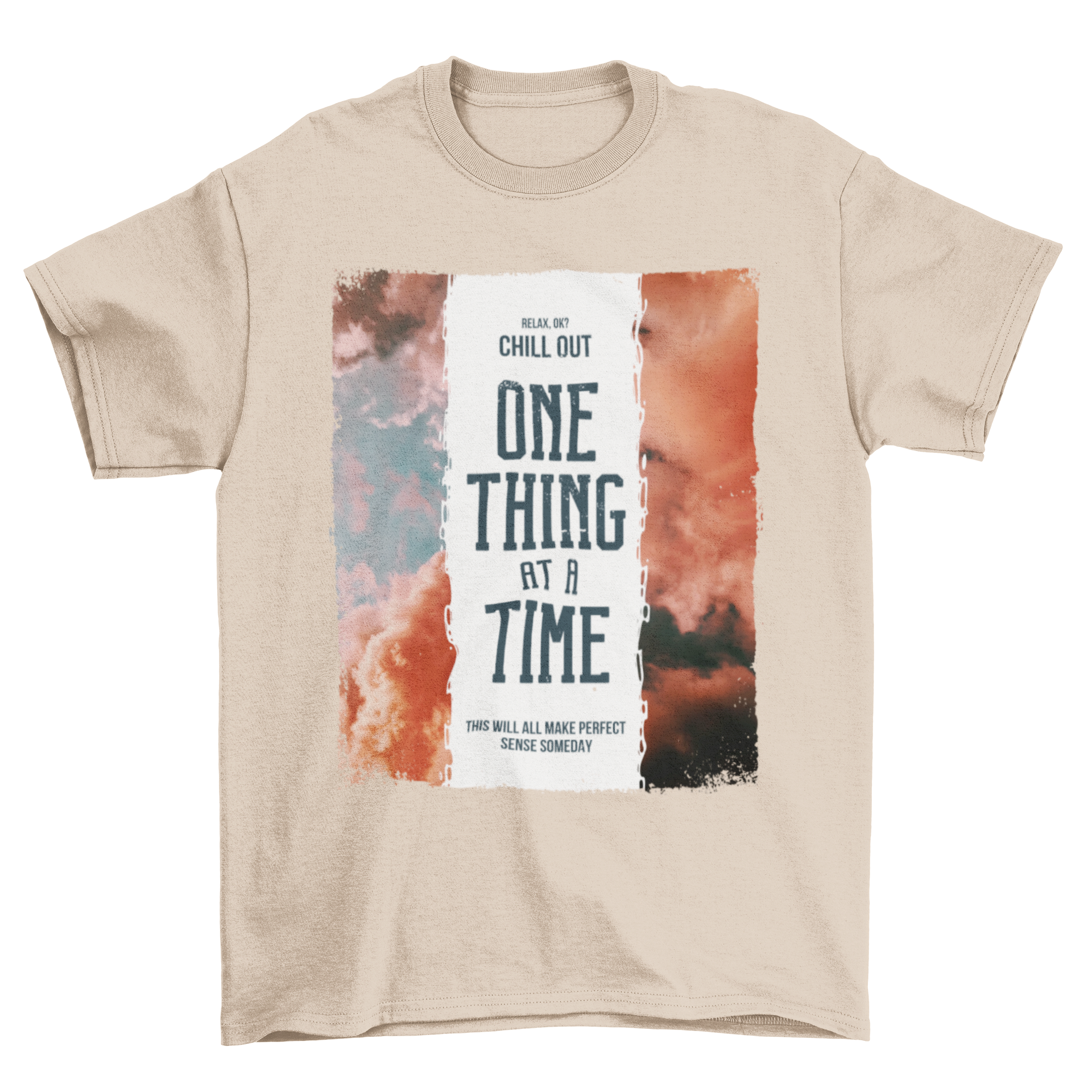 A stylish t-shirt featuring a movie poster design with the quote 'one thing at a time' in bold typography.