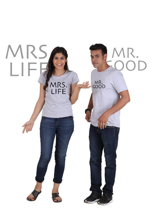 Gray Mr Good and Mrs Life Classic Couple T-Shirt featuring a playful design for couples, made from 100% soft cotton.