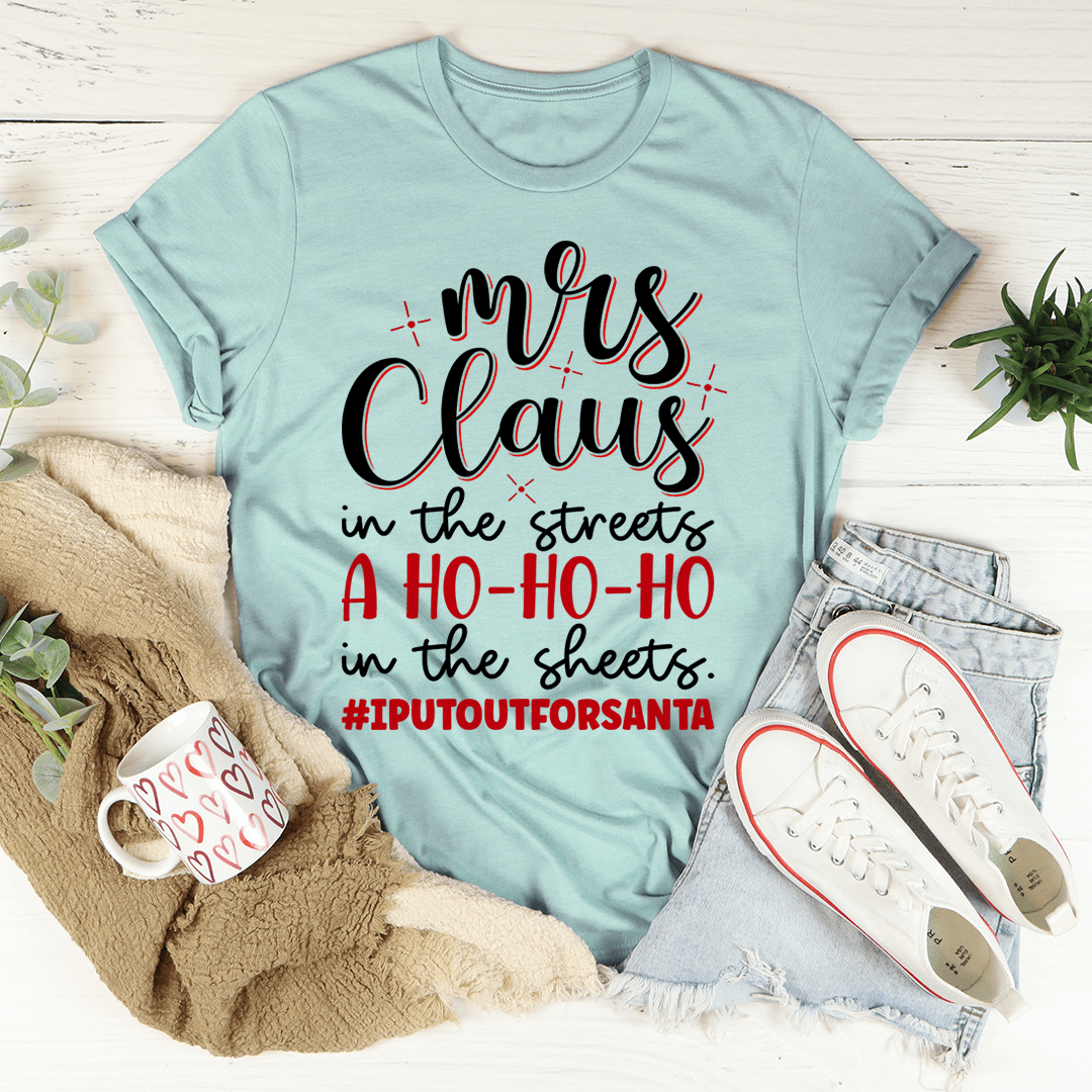 Mrs Claus Tee featuring a festive design, made from 100% soft cotton, perfect for holiday celebrations.