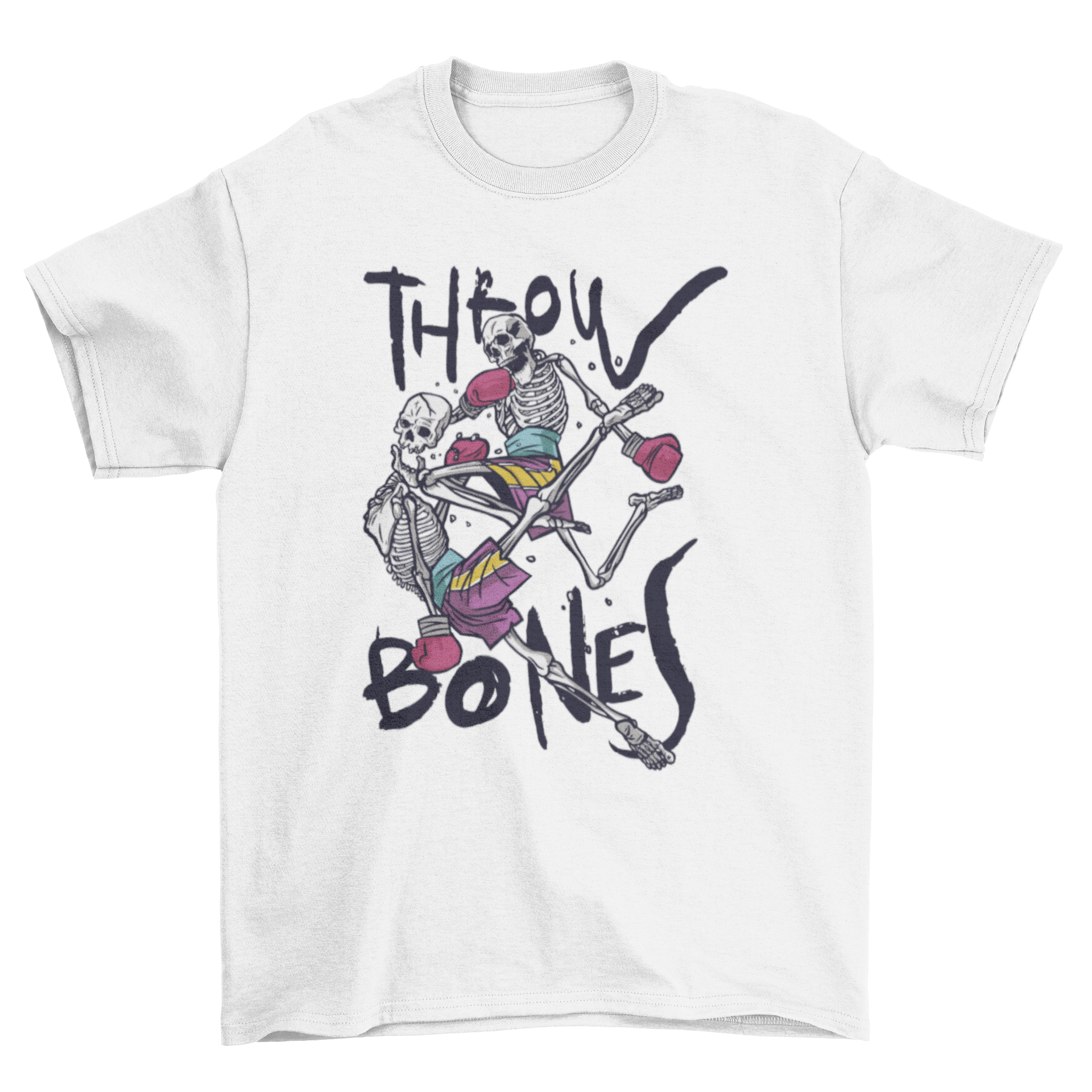 Muay Thai t-shirt featuring two skeletons practicing martial arts with the quote 'Throw bones'.