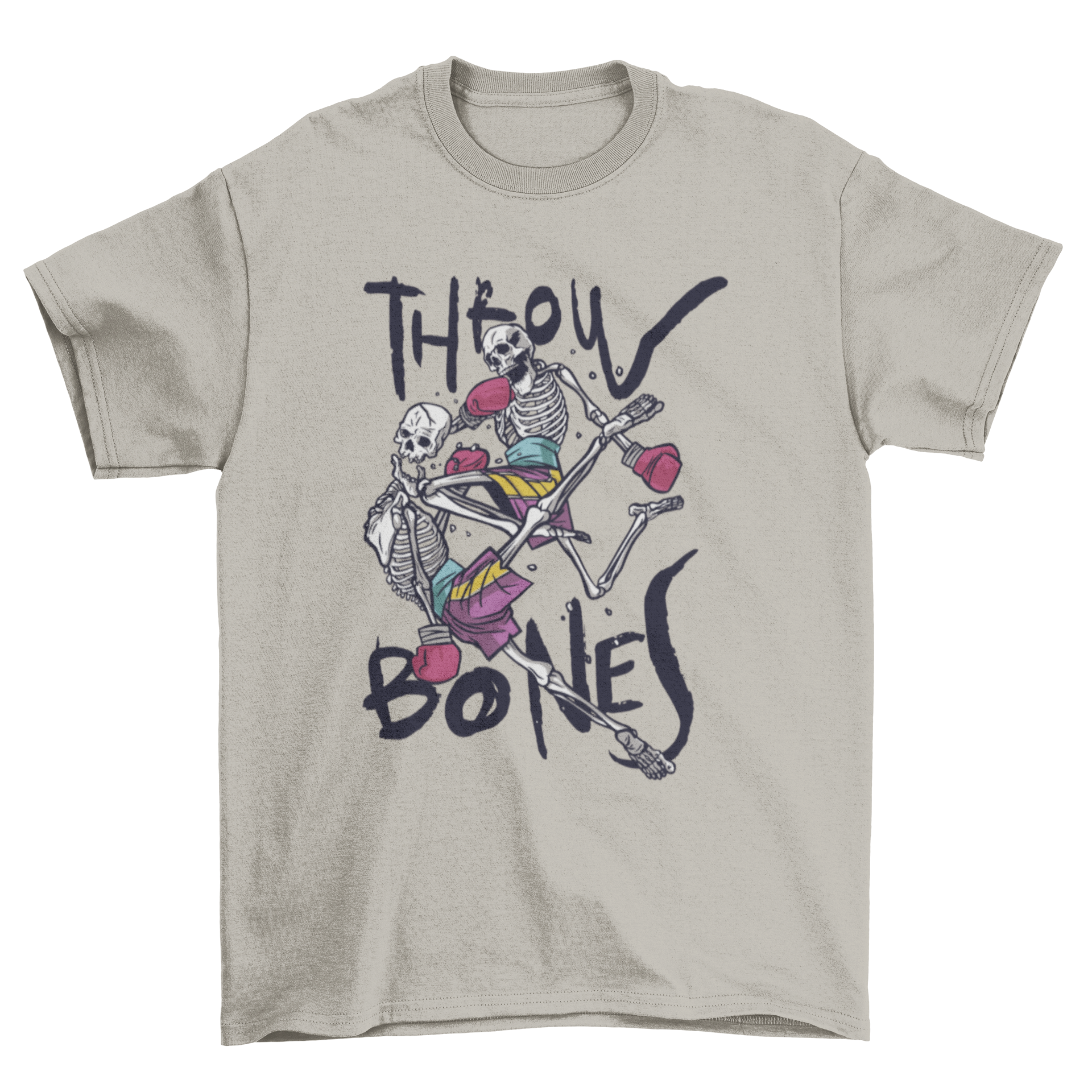 Muay Thai t-shirt featuring two skeletons practicing martial arts with the quote 'Throw bones'.