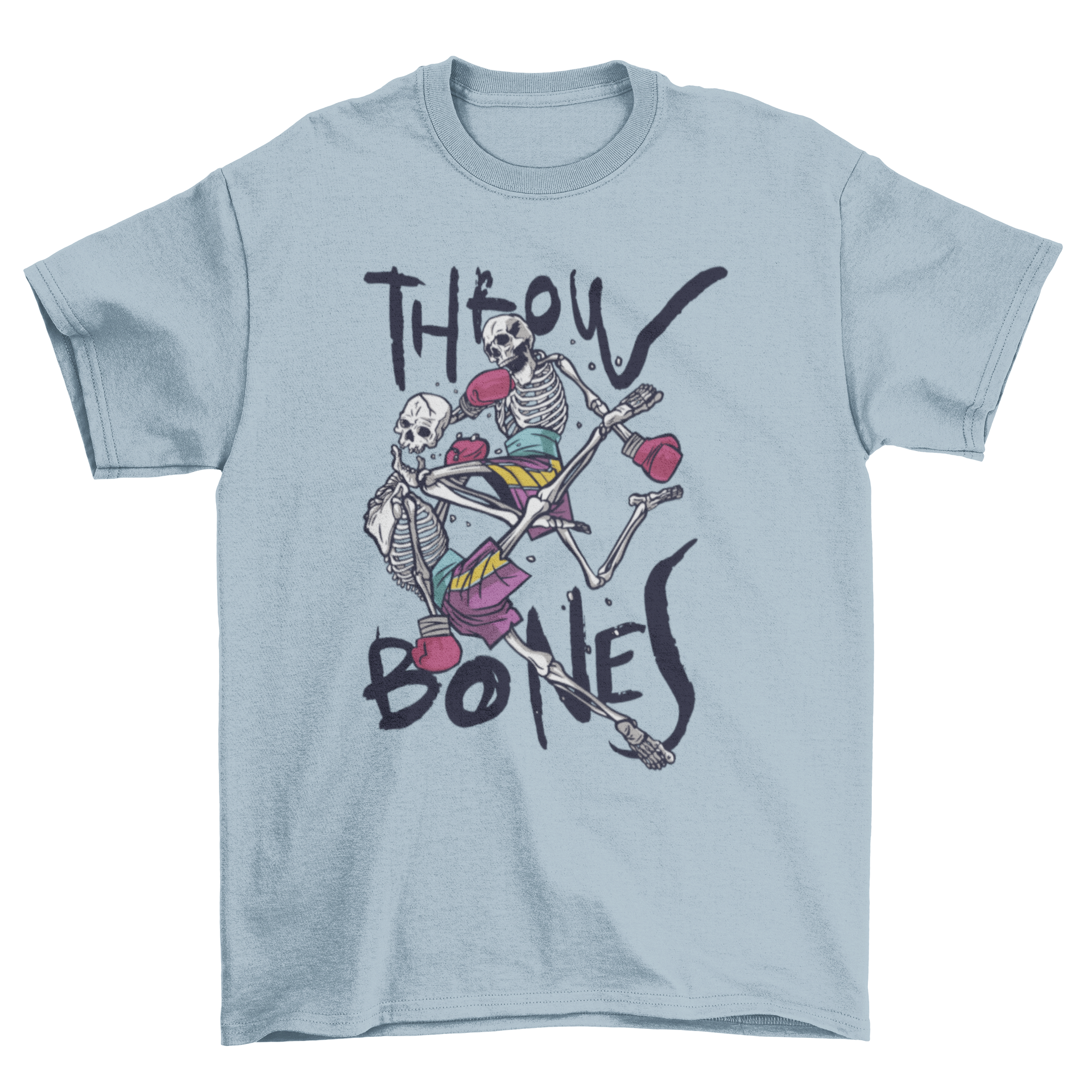 Muay Thai t-shirt featuring two skeletons practicing martial arts with the quote 'Throw bones'.