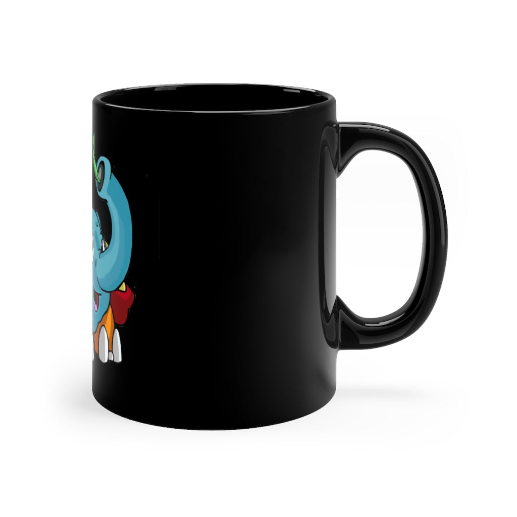 Mudphant Black mug 11oz, featuring a sleek black ceramic design with rounded corners and a comfortable C-handle.