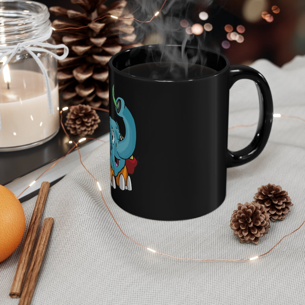 Mudphant Black mug 11oz, featuring a sleek black ceramic design with rounded corners and a comfortable C-handle.