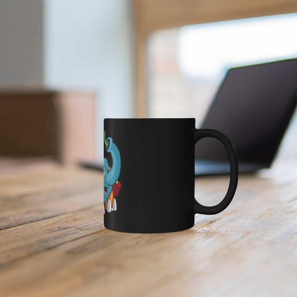 Mudphant Black mug 11oz, featuring a sleek black ceramic design with rounded corners and a comfortable C-handle.