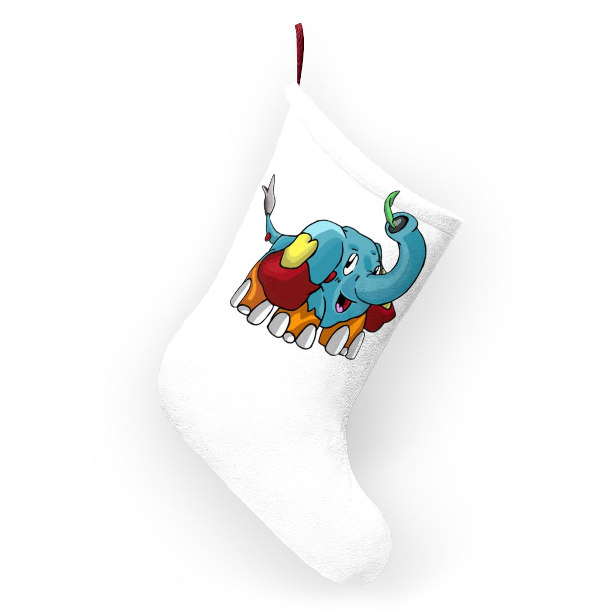 Mudphant Christmas Stockings in festive designs, made of soft polyester fleece with a twill ribbon loop for hanging.