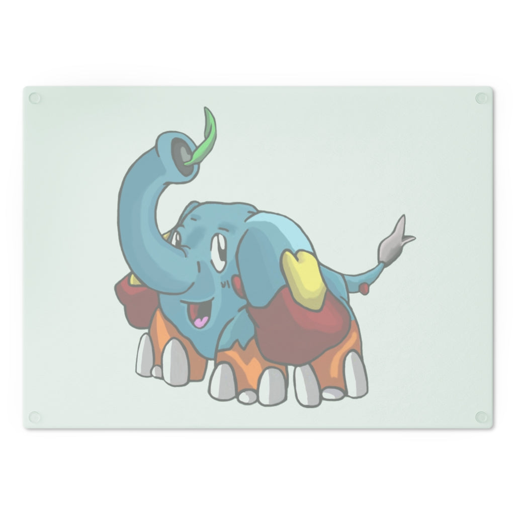 Mudphant Cutting Board made of tempered glass with rubber dots for stability, showcasing a personalized design.