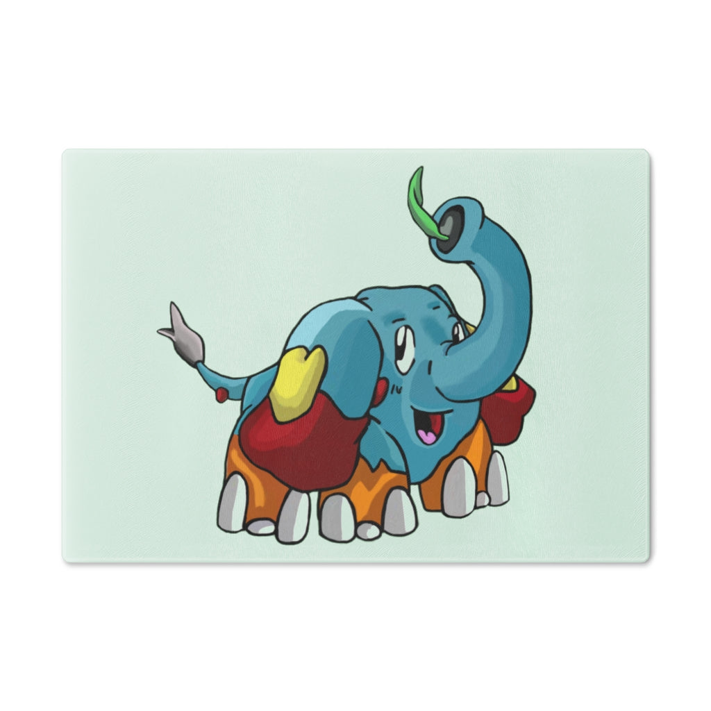 Mudphant Cutting Board made of tempered glass with rubber dots for stability, showcasing a personalized design.