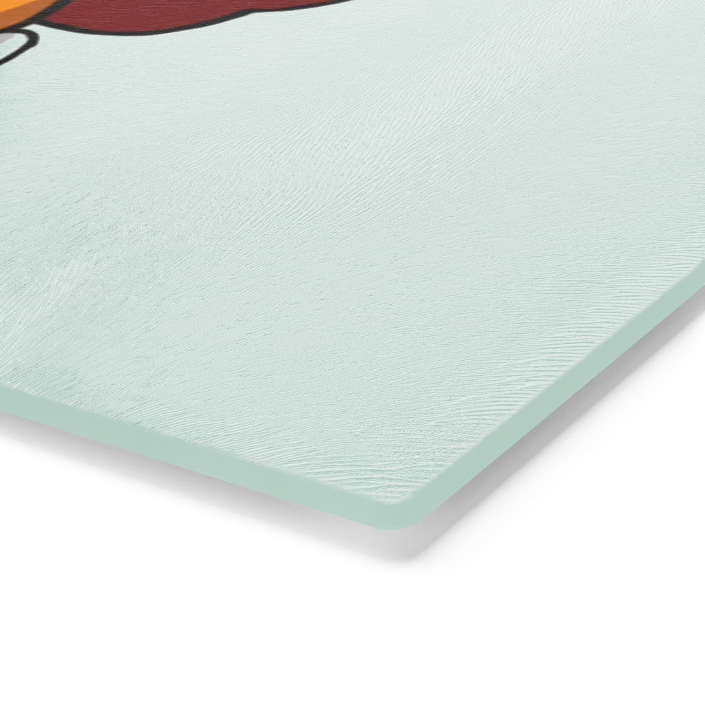 Mudphant Cutting Board made of tempered glass with rubber dots for stability, showcasing a personalized design.