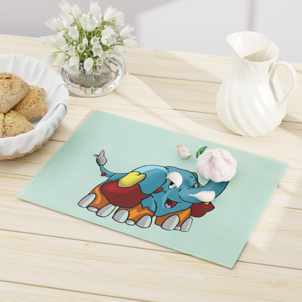 Mudphant Cutting Board made of tempered glass with rubber dots for stability, showcasing a personalized design.