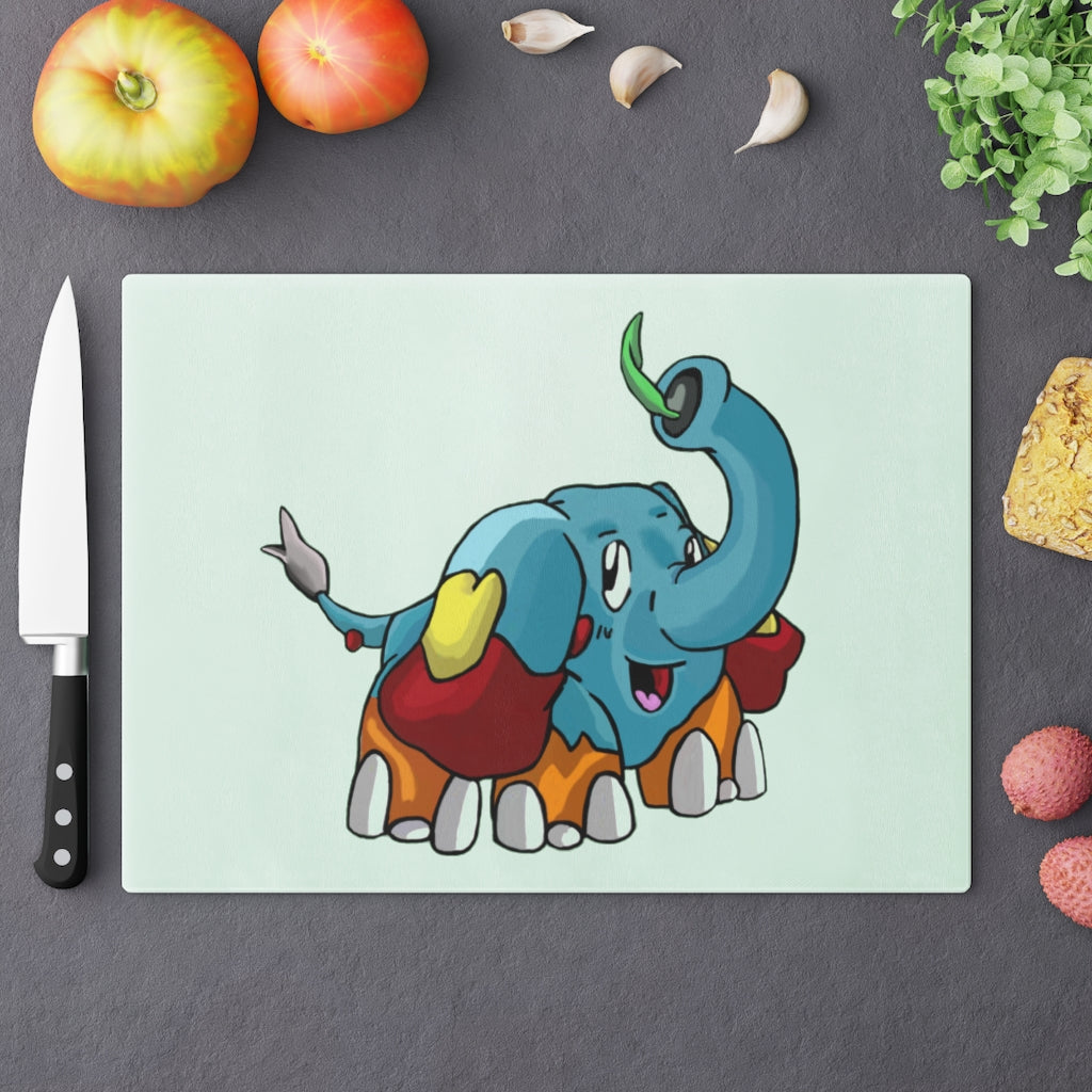 Mudphant Cutting Board made of tempered glass with rubber dots for stability, showcasing a personalized design.