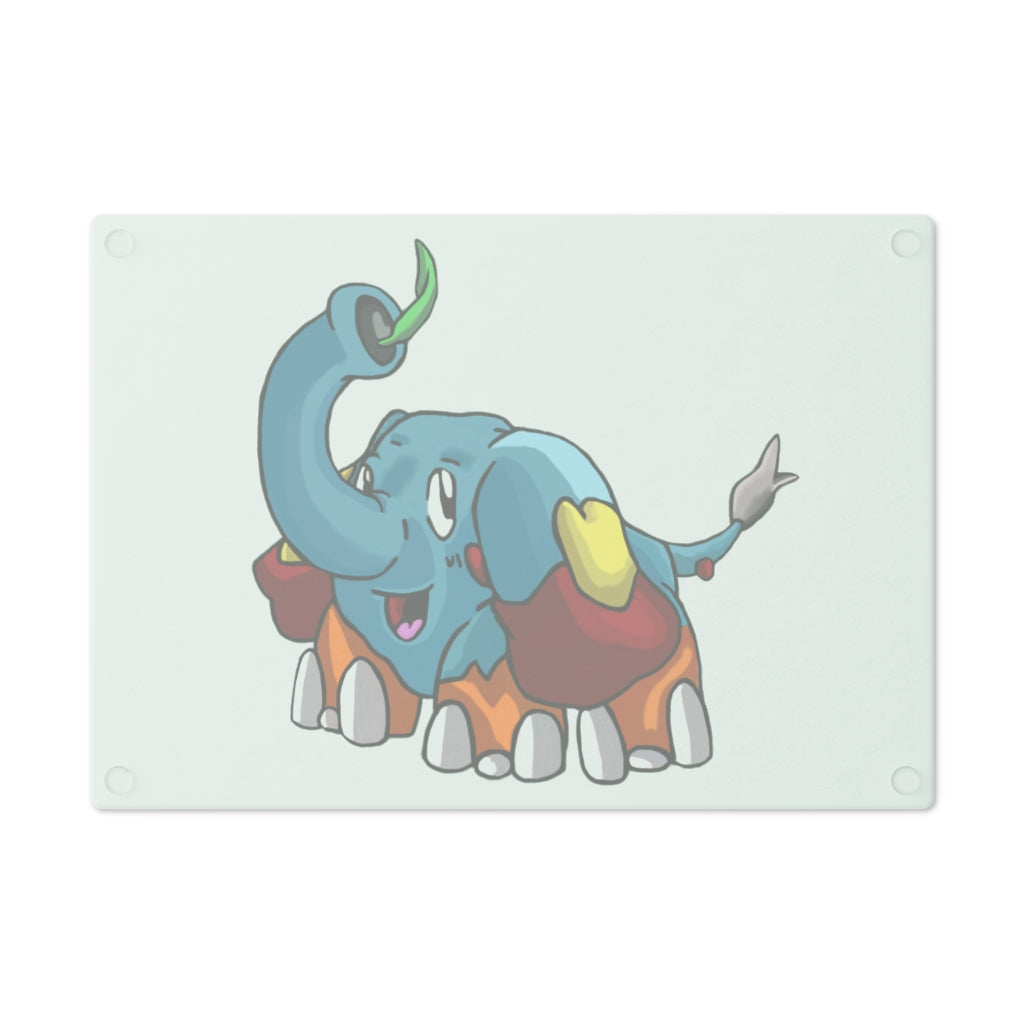 Mudphant Cutting Board made of tempered glass with rubber dots for stability, showcasing a personalized design.