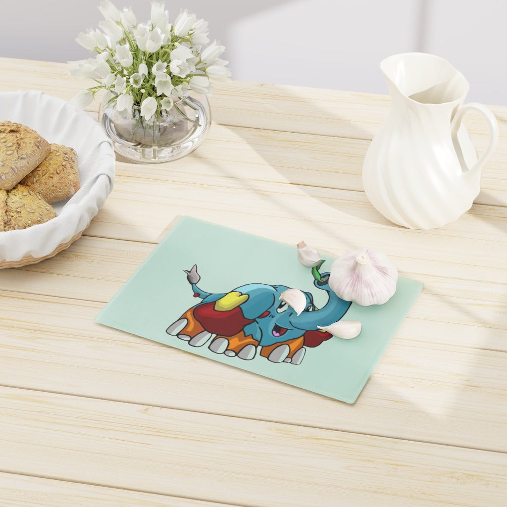 Mudphant Cutting Board made of tempered glass with rubber dots for stability, showcasing a personalized design.