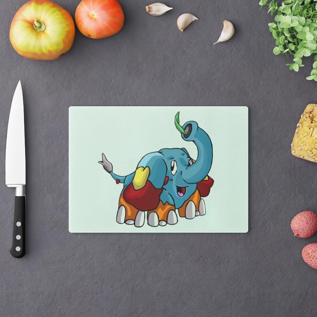 Mudphant Cutting Board made of tempered glass with rubber dots for stability, showcasing a personalized design.