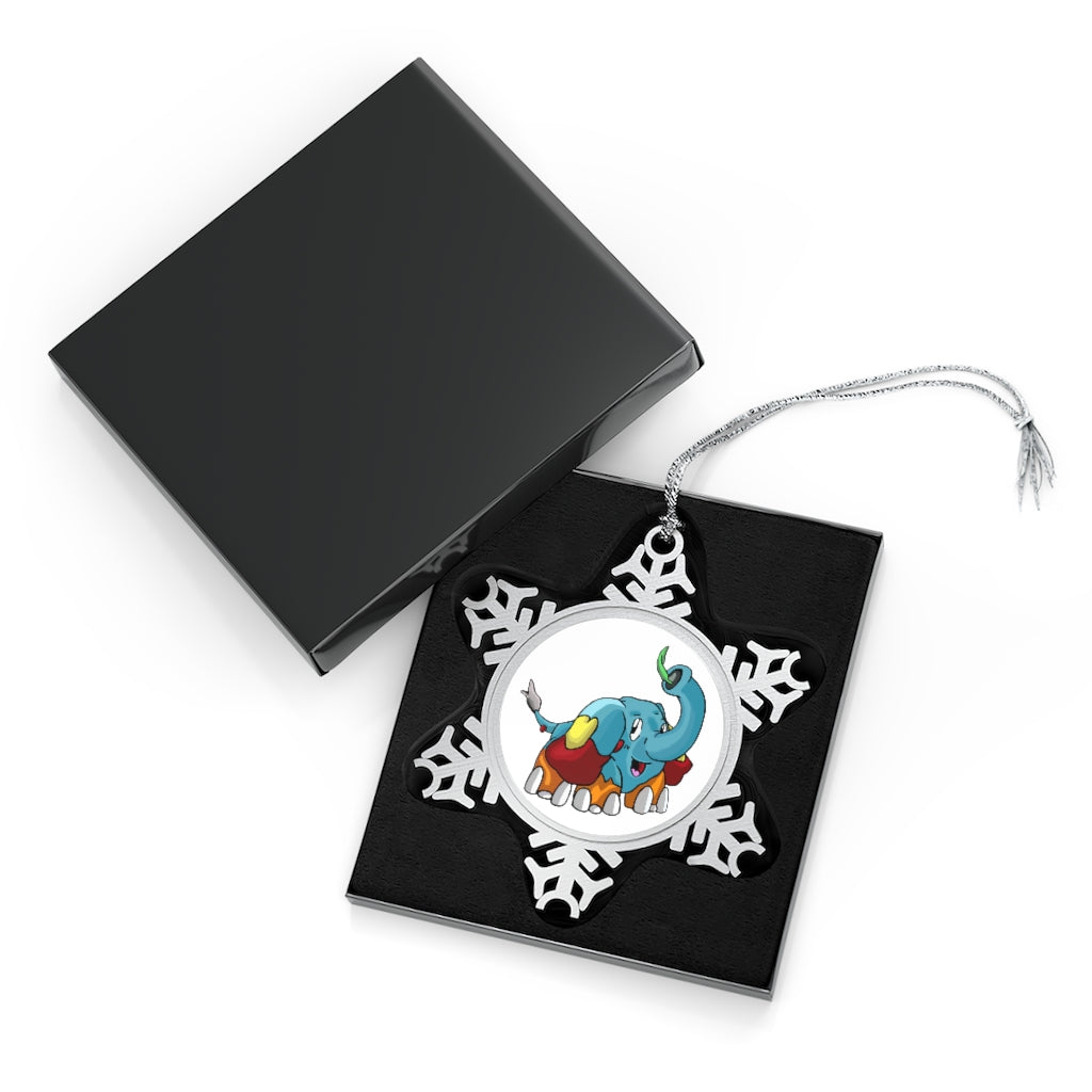 Mudphant Pewter Snowflake Ornament with silver-toned hanging string, showcasing intricate snowflake design.