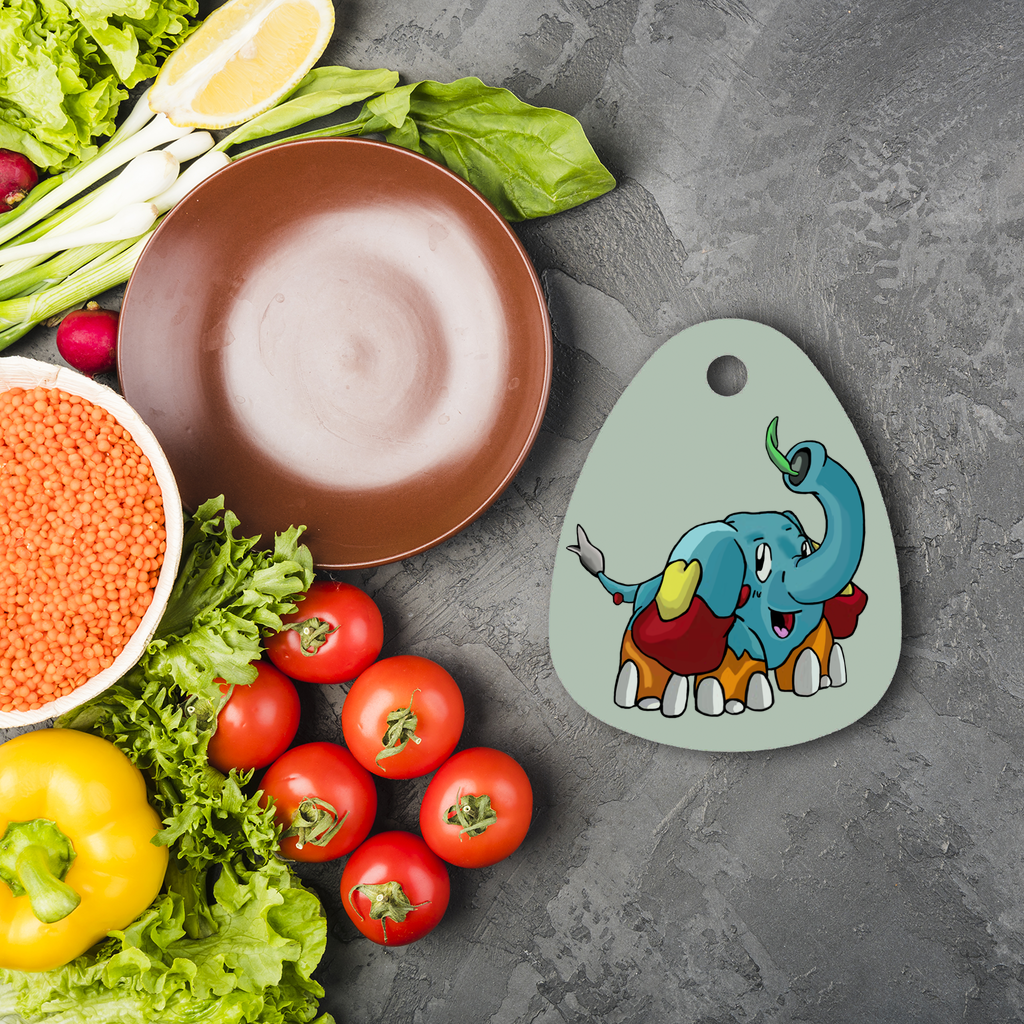 Mudphant Sublimation Glass Cutting Board with a round shape, toughened chinchilla glass, and four rubber feet for stability.
