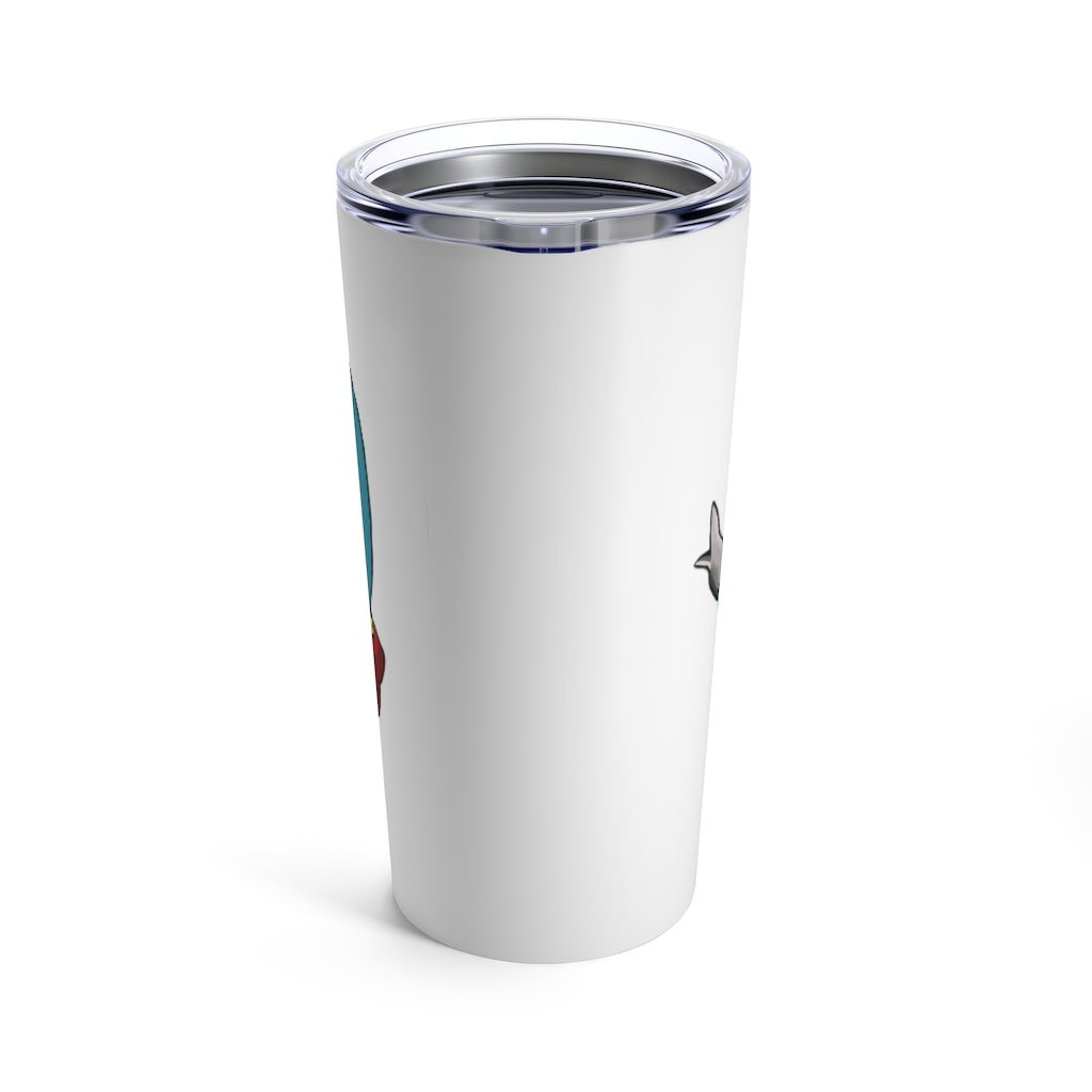 Mudphant Tumbler 20oz in stainless steel with a see-thru plastic lid, showcasing its sleek design and rounded corners.