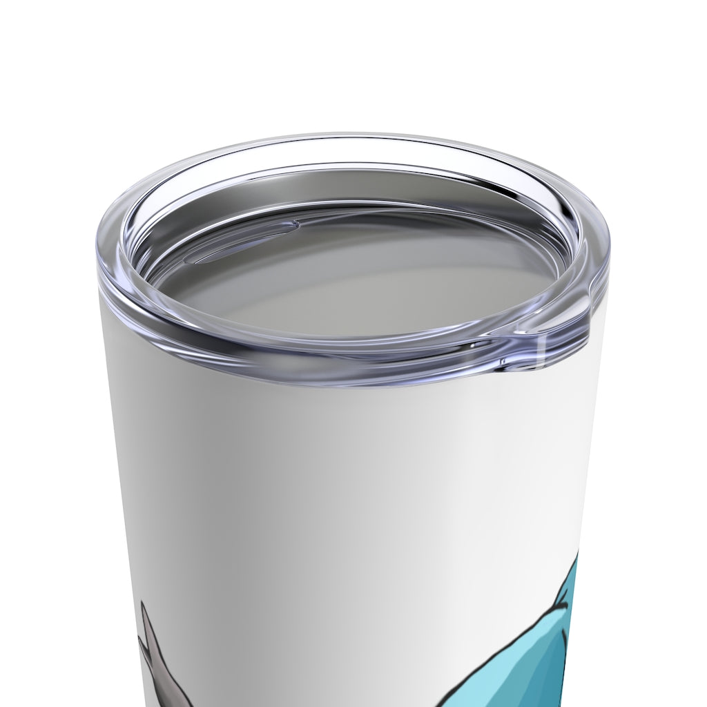 Mudphant Tumbler 20oz in stainless steel with a see-thru plastic lid, showcasing its sleek design and rounded corners.
