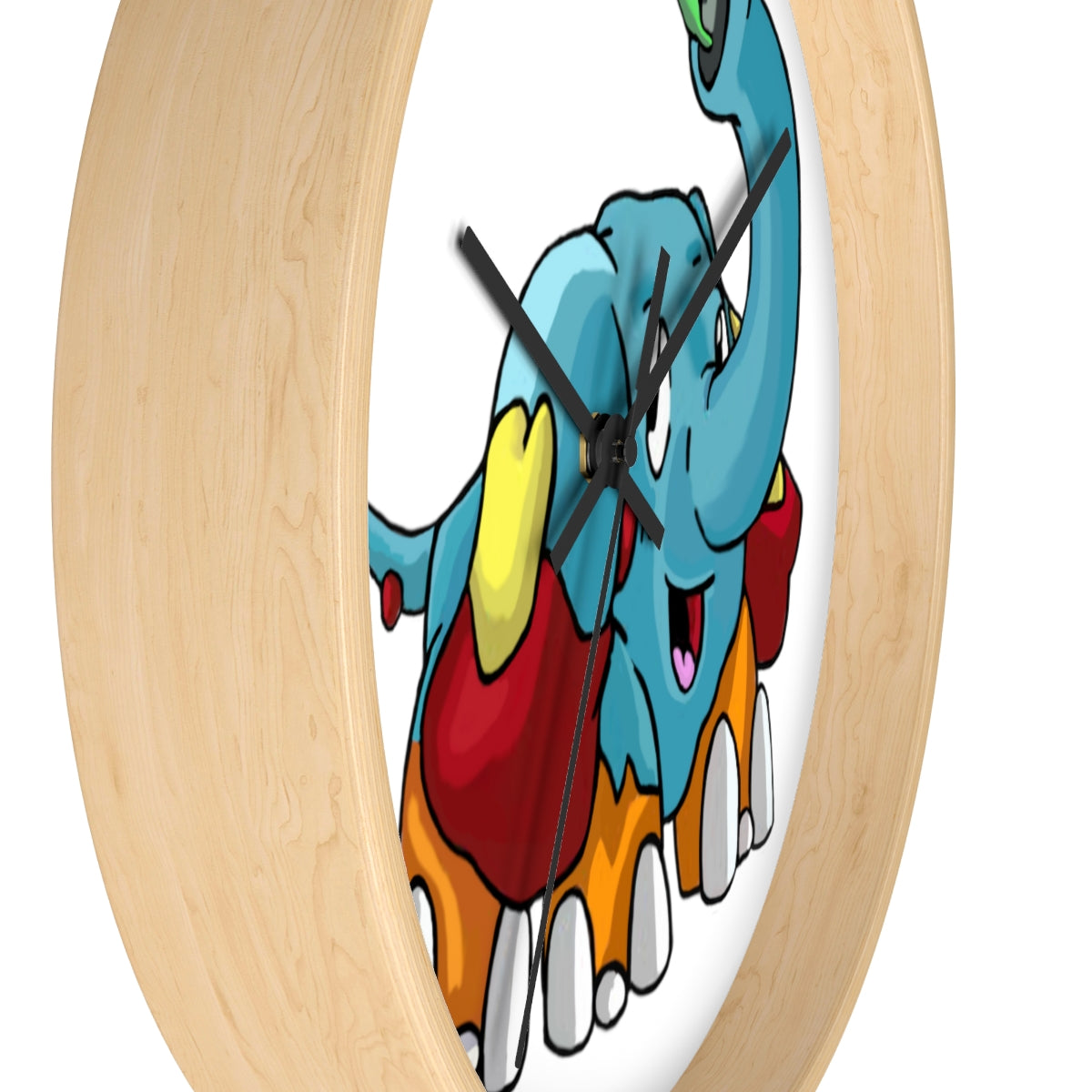 Mudphant Wall Clock featuring a wooden frame and plexiglass face, designed for indoor use with a silent mechanism.