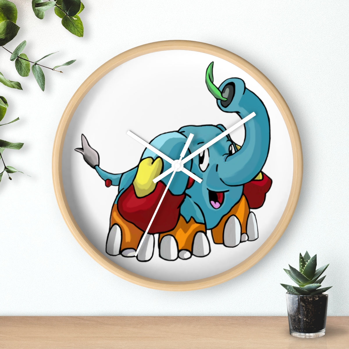 Mudphant Wall Clock featuring a wooden frame and plexiglass face, designed for indoor use with a silent mechanism.