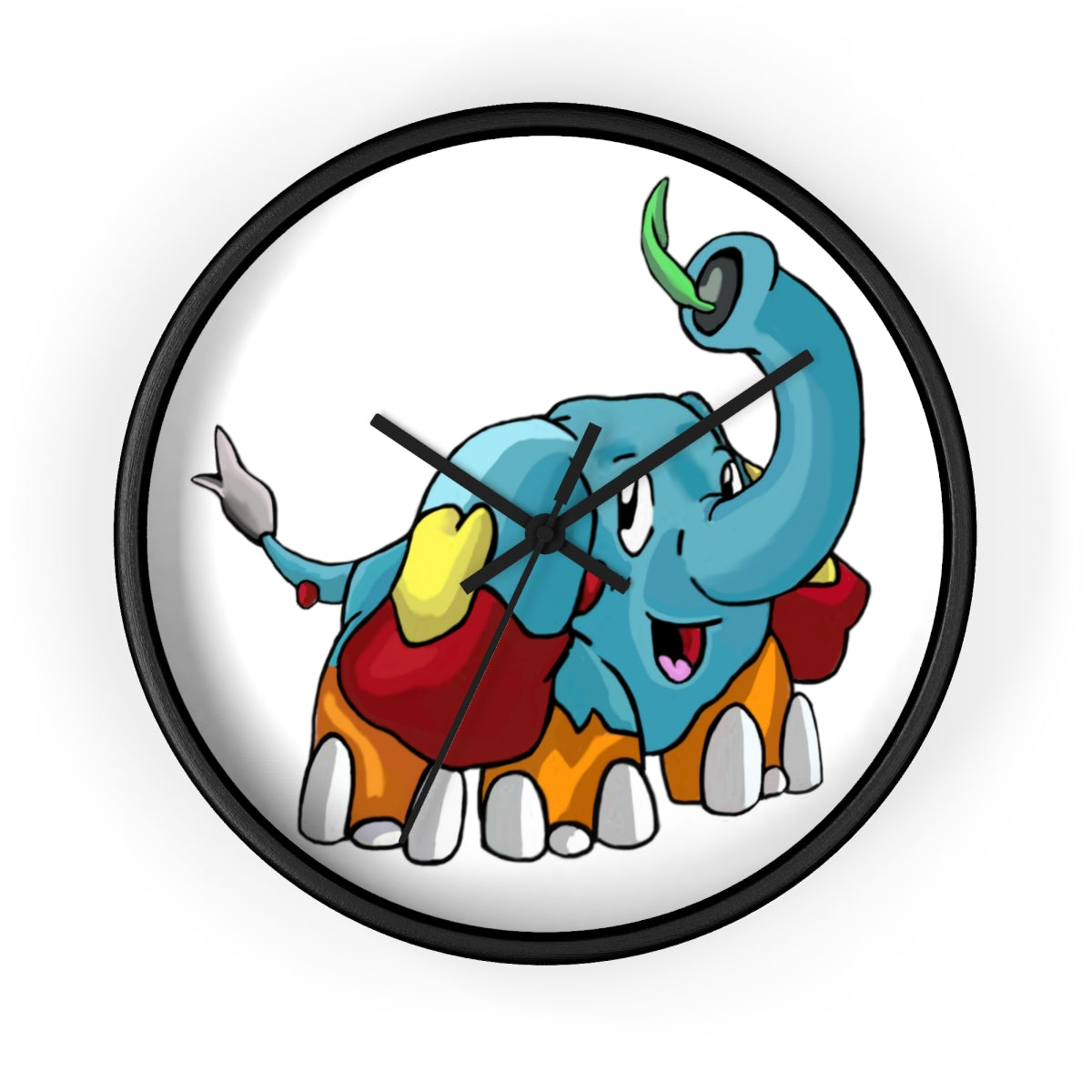 Mudphant Wall Clock featuring a wooden frame and plexiglass face, designed for indoor use with a silent mechanism.