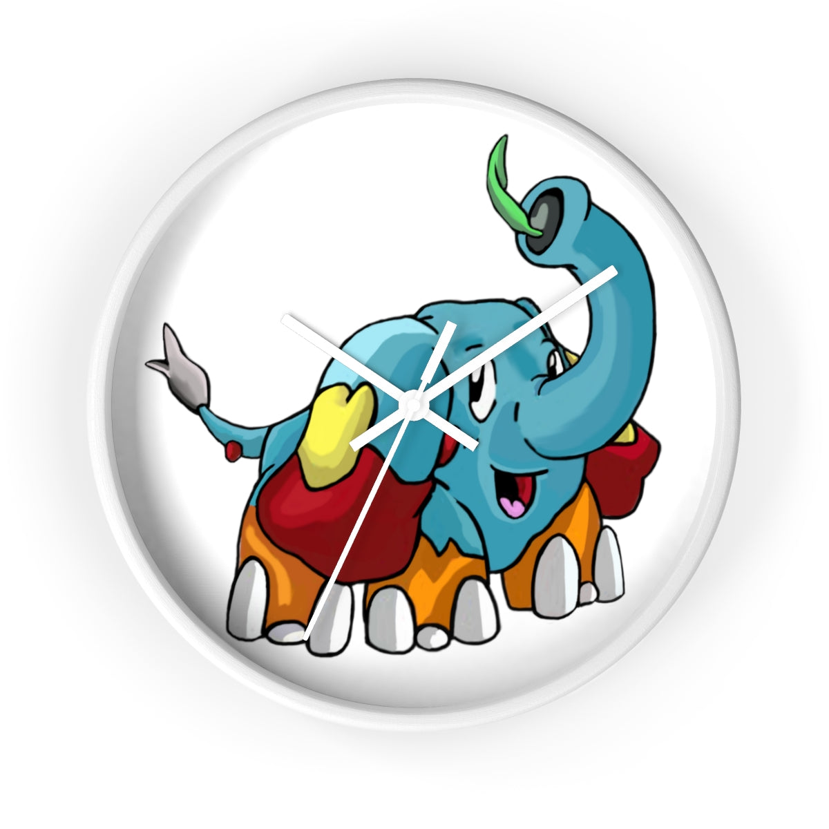 Mudphant Wall Clock featuring a wooden frame and plexiglass face, designed for indoor use with a silent mechanism.