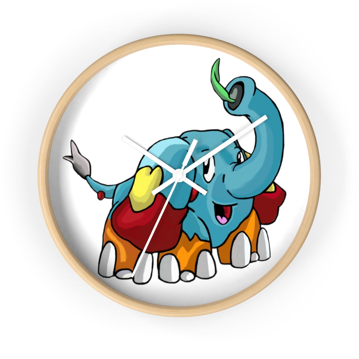 Mudphant Wall Clock featuring a wooden frame and plexiglass face, designed for indoor use with a silent mechanism.