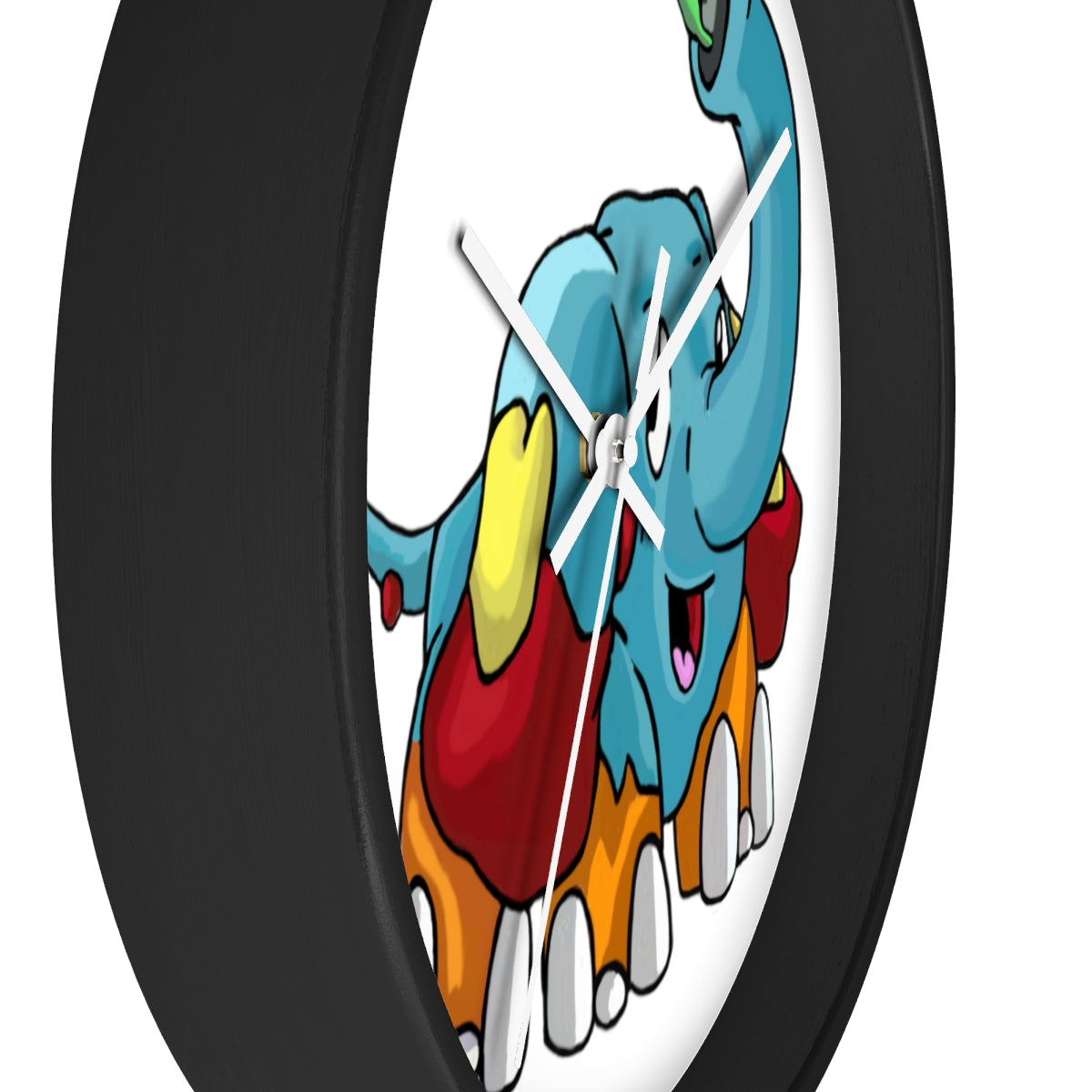 Mudphant Wall Clock featuring a wooden frame and plexiglass face, designed for indoor use with a silent mechanism.