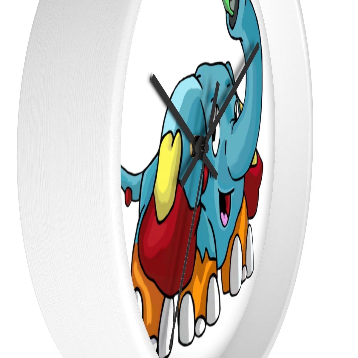 Mudphant Wall Clock featuring a wooden frame and plexiglass face, designed for indoor use with a silent mechanism.