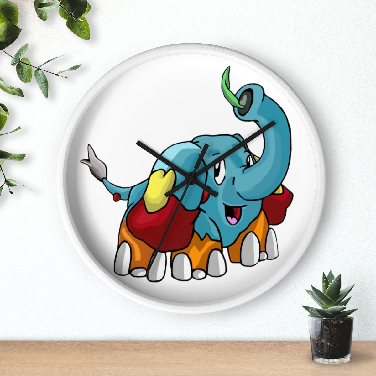 Mudphant Wall Clock featuring a wooden frame and plexiglass face, designed for indoor use with a silent mechanism.