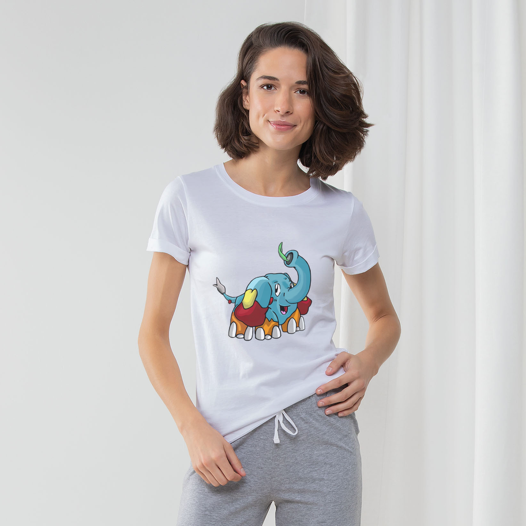 Mudphant Women's Long Pant Pyjama Set featuring a white t-shirt, striped pants, and a matching drawcord bag, showcasing comfort and style.