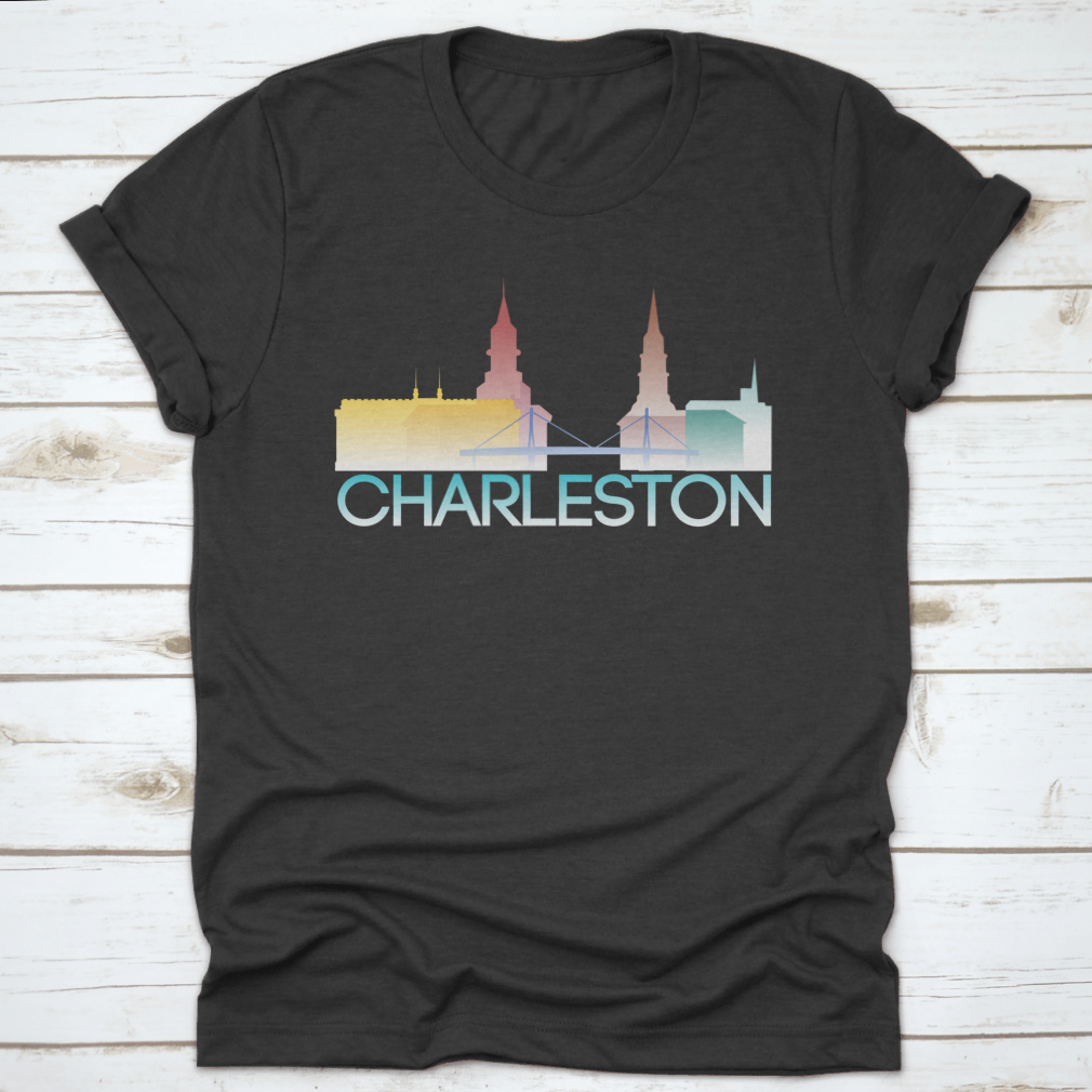 A vibrant multi-colored silhouette of Charleston, South Carolina, showcasing iconic landmarks and culture.