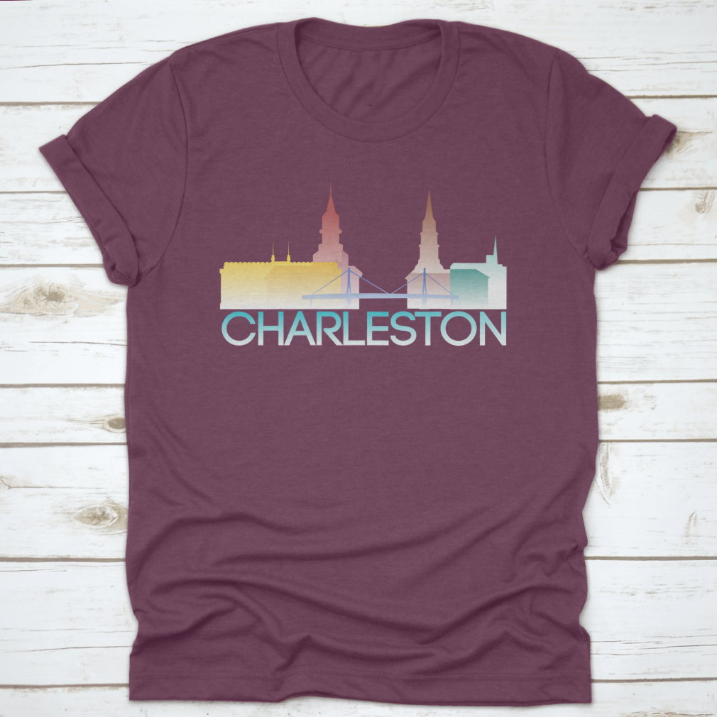 A vibrant multi-colored silhouette of Charleston, South Carolina, showcasing iconic landmarks and culture.