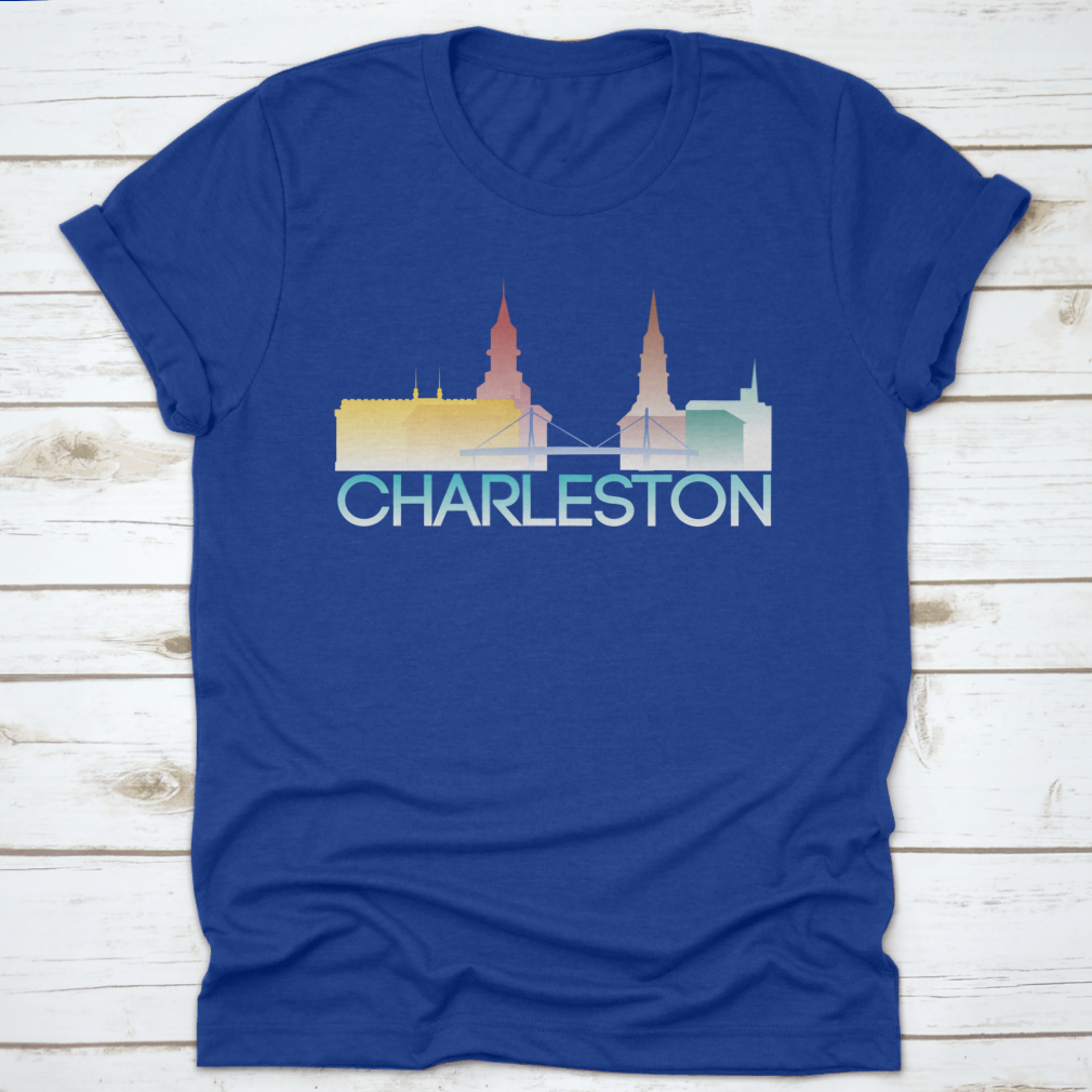 A vibrant multi-colored silhouette of Charleston, South Carolina, showcasing iconic landmarks and culture.