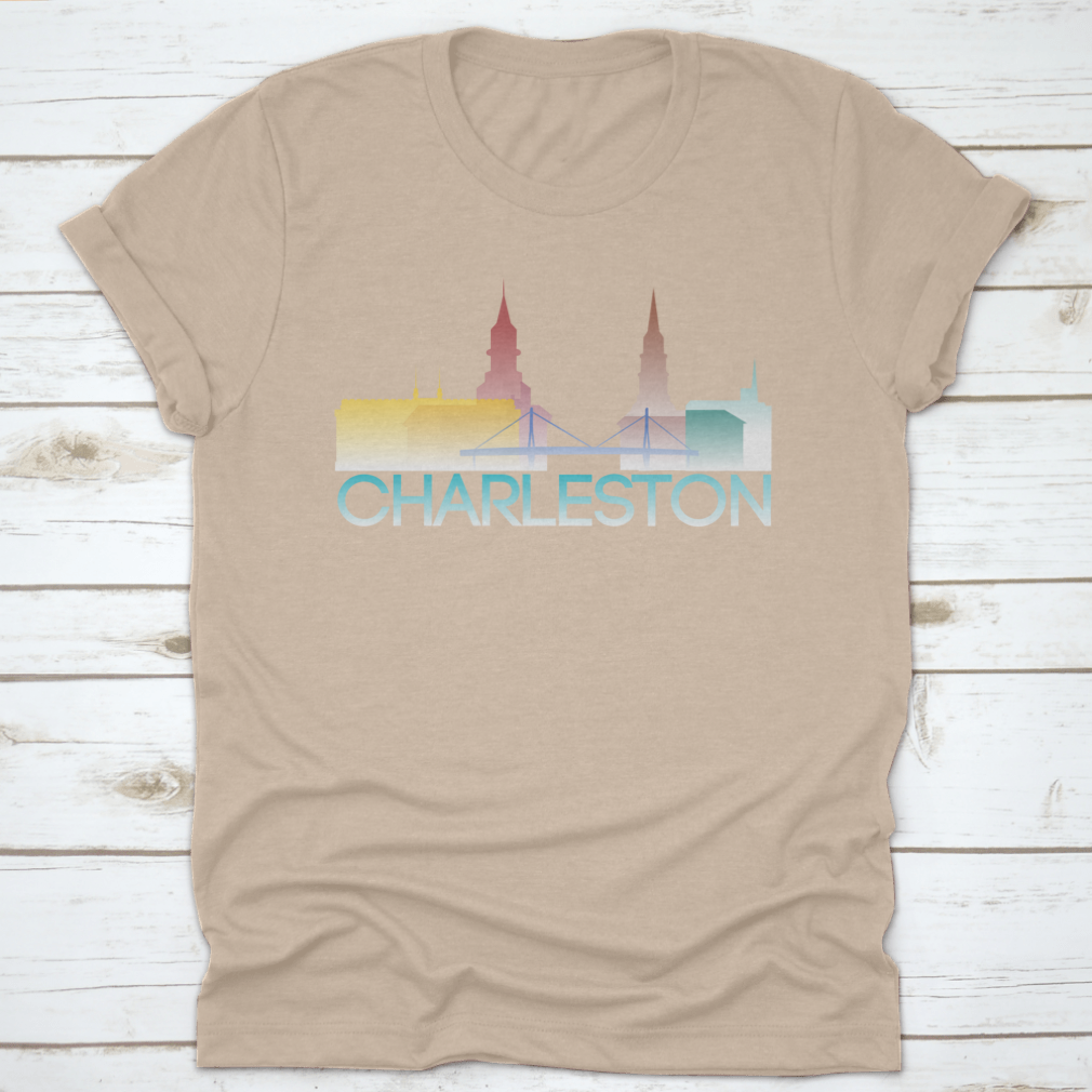 A vibrant multi-colored silhouette of Charleston, South Carolina, showcasing iconic landmarks and culture.