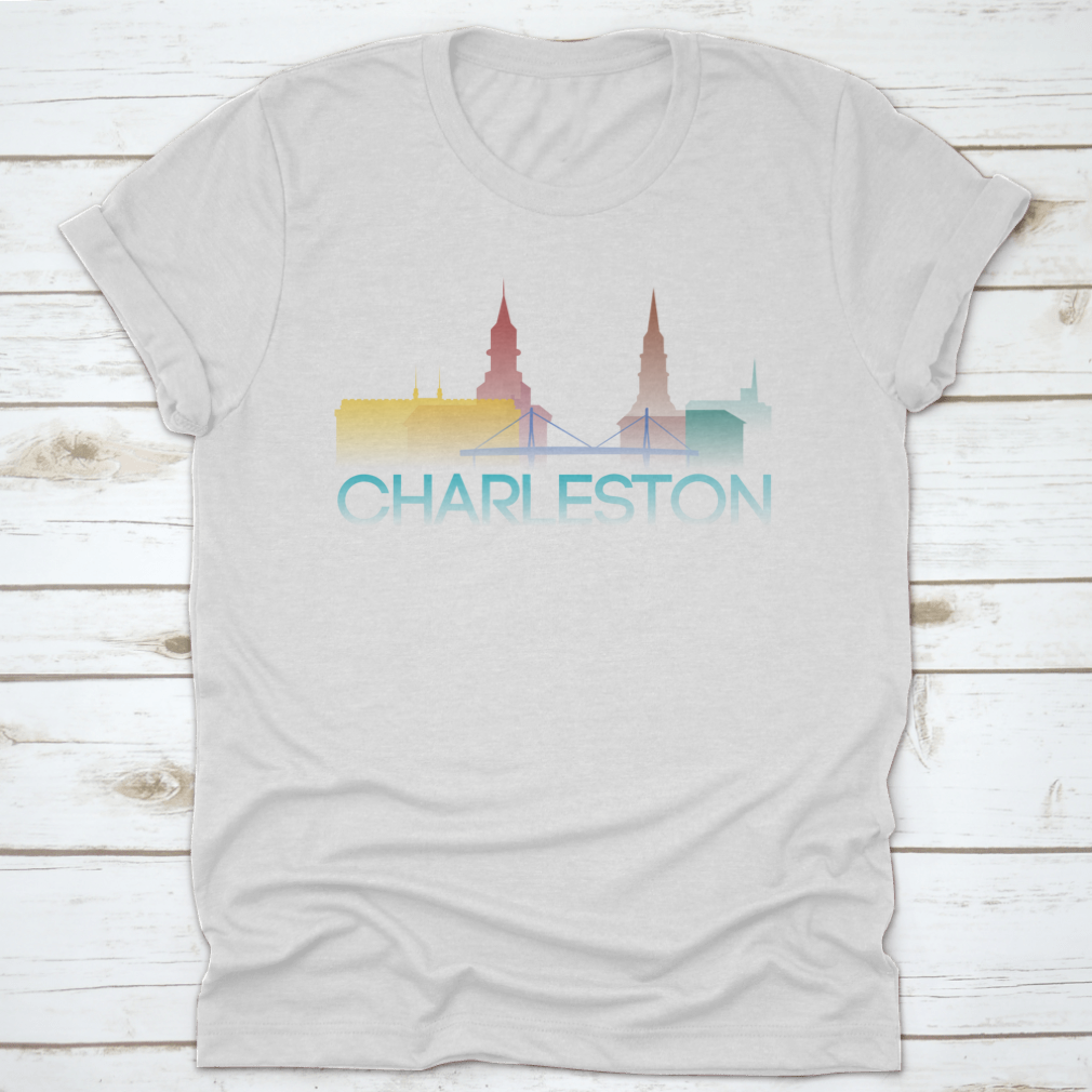 A vibrant multi-colored silhouette of Charleston, South Carolina, showcasing iconic landmarks and culture.