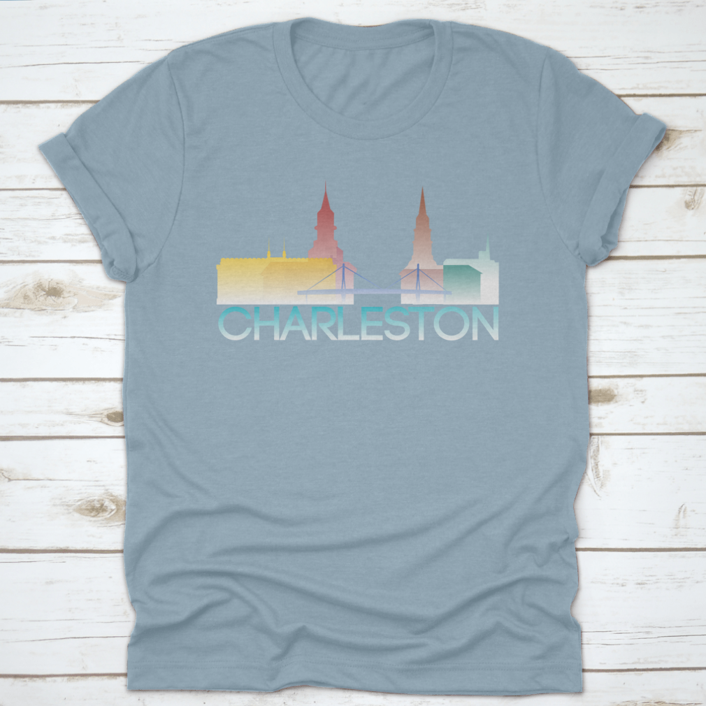 A vibrant multi-colored silhouette of Charleston, South Carolina, showcasing iconic landmarks and culture.