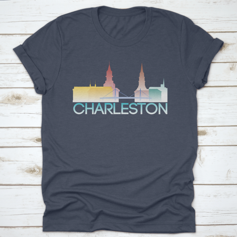 A vibrant multi-colored silhouette of Charleston, South Carolina, showcasing iconic landmarks and culture.