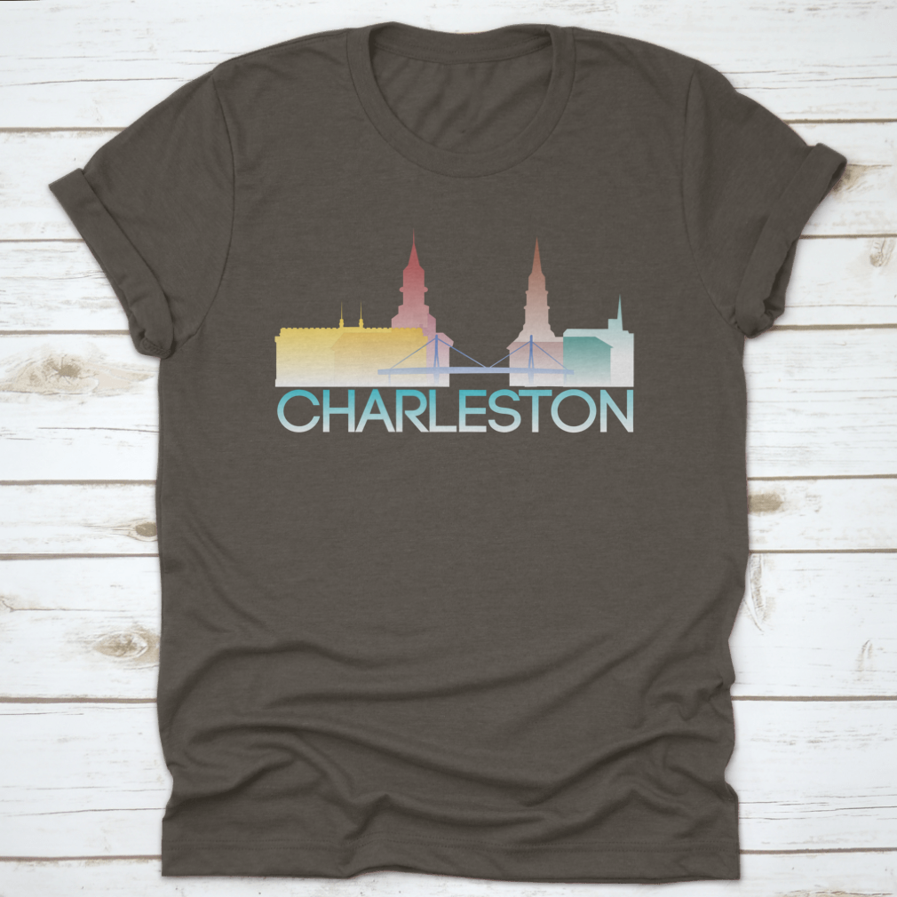A vibrant multi-colored silhouette of Charleston, South Carolina, showcasing iconic landmarks and culture.