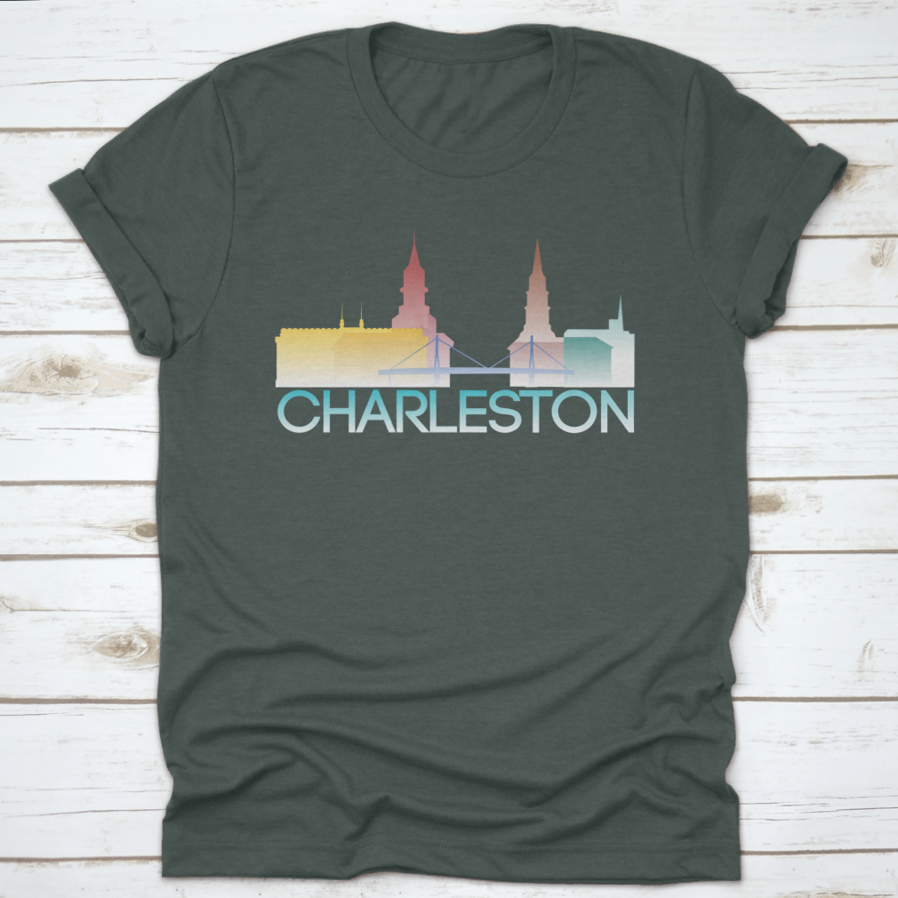 A vibrant multi-colored silhouette of Charleston, South Carolina, showcasing iconic landmarks and culture.