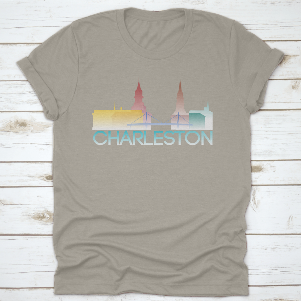 A vibrant multi-colored silhouette of Charleston, South Carolina, showcasing iconic landmarks and culture.