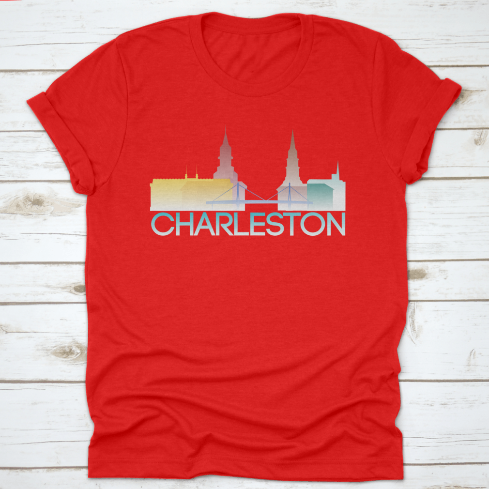 A vibrant multi-colored silhouette of Charleston, South Carolina, showcasing iconic landmarks and culture.
